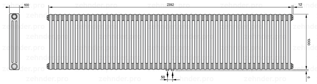 Схема (чертеж) Радиатор Zehnder Charleston 3100/52 №5410 Белый глянцевый RAL 9016